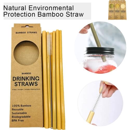 12Pcs/Set Eco-friendly Straw Bamboo Straw Reusable Drinking Straws with Clean Brush & Case Natural Bamboo Straws Bar Home Tools