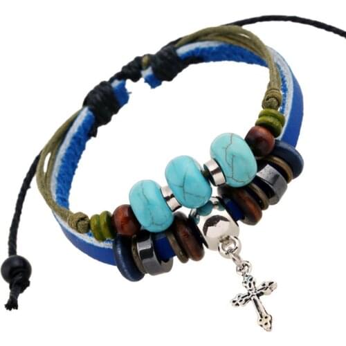 Fashion Cross Beads Casual Bracelet Multi-layer Leather Retro Beaded Charm Bangle Wrap Adjustable Wristbands Unisex Jewelry Gift