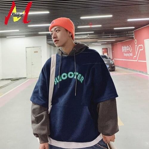 MANVALUE Mens Oversized Fashion Mock Two-piece Letter Printing Hooded Clothes Young Teenagers Spring and Autumn Hoodies