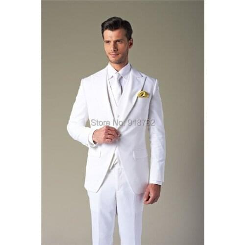2016 New Mens Dinner Groom Suit Groomsmen Ellegant Mens White Wedding Suit 3 Pieces Peaked Lapel Wedding Tuxedo Bridegroom
