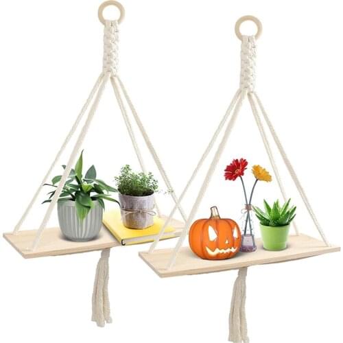 Hanging Shelves for Wall, 2 Pack Wooden Floating Shelf Plant Hanger with Handmade Macrame Weaving,Boho Wall Decor