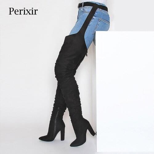 Perixir Over Knee Long Boots Faux Suede Comfort Block Heels Slim Tight Women High Heel Boots 2020 Fashion Women Boots In Winter