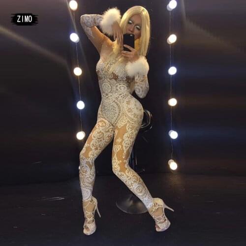 Sexy woman DJ Gogo print rhinestone jumpsuit women modern nightclub party singer white feather long sleeve costume free shipping