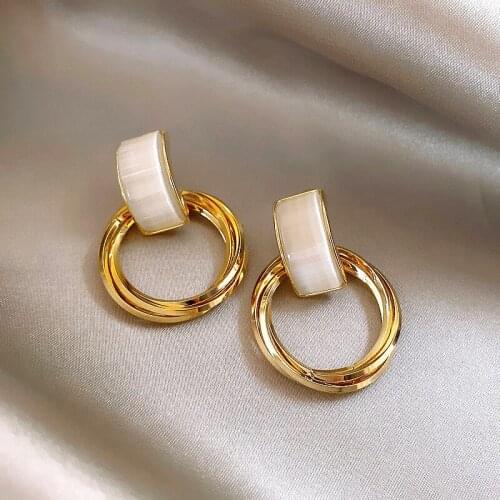 New High Sense Opal Circle Pendant Dangle Earrings Fashion Party Luxury Accessories Sexy Korean Girl‘s Jewelry For Woman