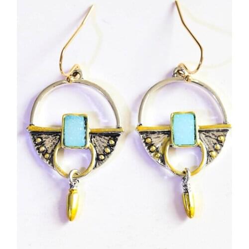 Boho Tribal Hollow Round Bullet Blue Stone Earrings Vintage Pendientes Antique Silver Color Womens Long Dangle Earrings P3D234