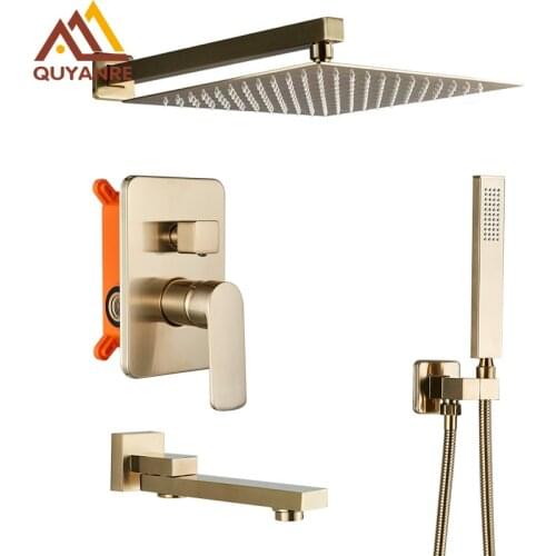 Quyanre Brushed Gold Shower Faucets Set Bathroom Wall Mounted Shower System Embedded Box Shower Mixer Tap Rainfall Shower Faucet