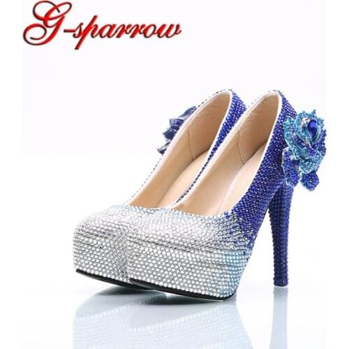 High Heel Shoes Handmade Royal Blue with Silver Rhinestone Wedding Dress Shoes with Crystal Lover Big Size 45 Bride Dress Shoes