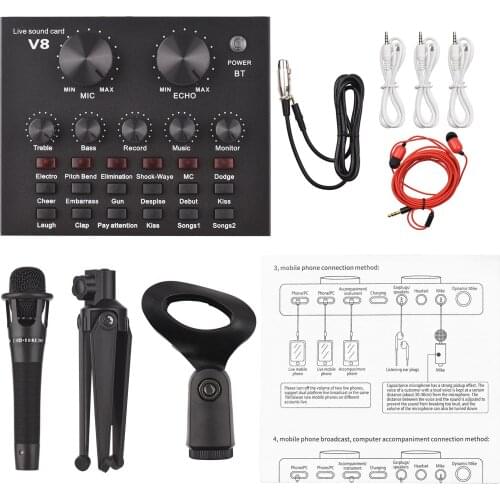 V8 External Live Sound Card with Microphone Mini Sound Mixer Board for Live Streaming Recording 12 Sound Effects BT Connection