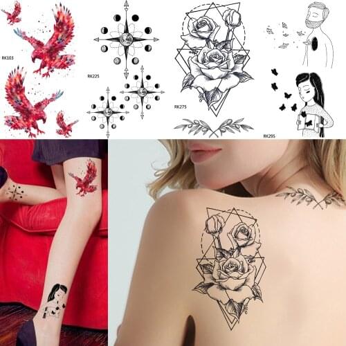 Line Art Flower Temporary Tattoo Sticker Wmen Red Eagle Waterproof Planet Tatoos Men Charm Black Fake inspired Tattoo Paste