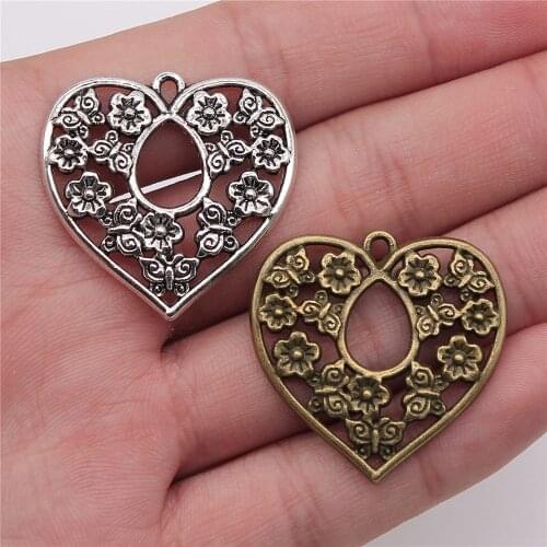 WYSIWYG 4pcs Charms Heart Flower 30x30mm Antique Making Pendant Vintage Tibetan Bronze Silver Color DIY Handmade Jewelry