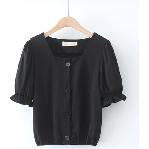 Plus Size Womens Black Summer Croptop Solid False Button Short Sleeve Blouse OL Tops