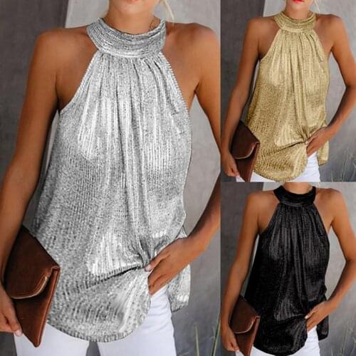 Womens Fashion Shiny Halter Neck Tank Tops Ladies Summer Casual Solid Color Sleeveless T shirt Black Gold Silver