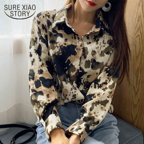 2020 Spring Vintage Print Women Blouses Long Sleeve Ink Smudge Chiffon Shirts Fashion Loose Cardigan Tops Clothes Blusas 9148 50