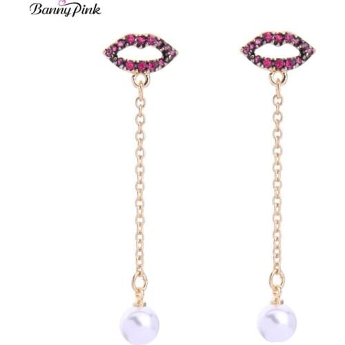 Banny Pink Sweety Rhinestone Mouth Studs Earrings For Women Cute Imitation Pearl long Pendant Post Earrings Fashion Jewelry