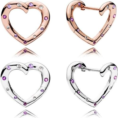 Genuine 925 Sterling Silver Pan Earring Rose Bright Heart Earrings For Women Wedding Party Gift Europe Fashion Jewelry