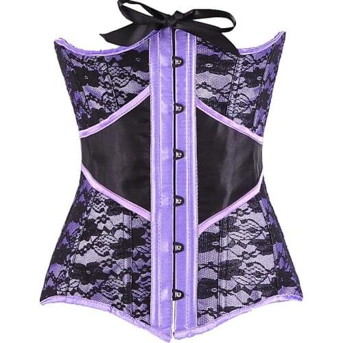 Sexy womens Waist Cincher Underbust Push Up Purple Lace Corset Top Cover Hip Bustier Outwear Floral Korset Gothic Floral Top