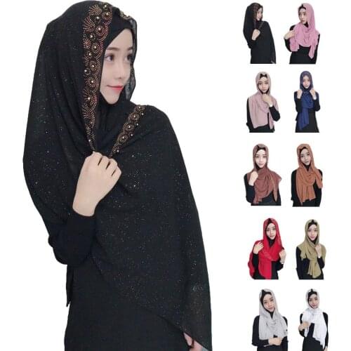 Women Chiffon Long Scarf Muslim Hijab Shawl Islamic Head Wrap Cover Stoles Glitter Hijab Headscarf Arab Turban Bandanas Fashion