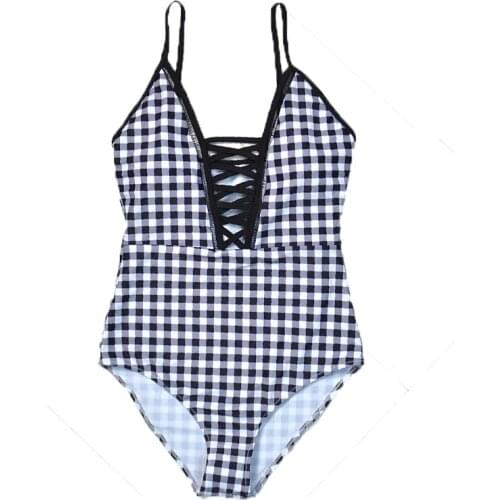 VSUE Women Swimwear Swimsuit One Piece Suits Deep V Neck Black Plaid Hollow Out Halter Y0039