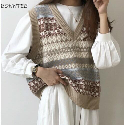 Sweater Vest Women Retro Apricot Argyle Trendy Ulzzang Spring Ins Sleeveless Girls Popular Knitwear Casual Chic Ladies Clothing