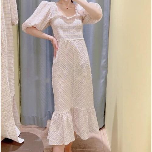 2021 Summer New Women Midi Dress Plaid Trumpet Mid-Calf Dress Square Collar Puff Sleeve High Waist Ladies Long Robe Female Dress