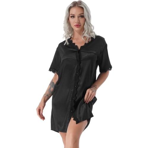 Black Sleep Dress Gown Satin Pajamas Women Lace Trimming Nightdress V Neck Button Down Sleepshirts Nightwear Homewear Loungewear