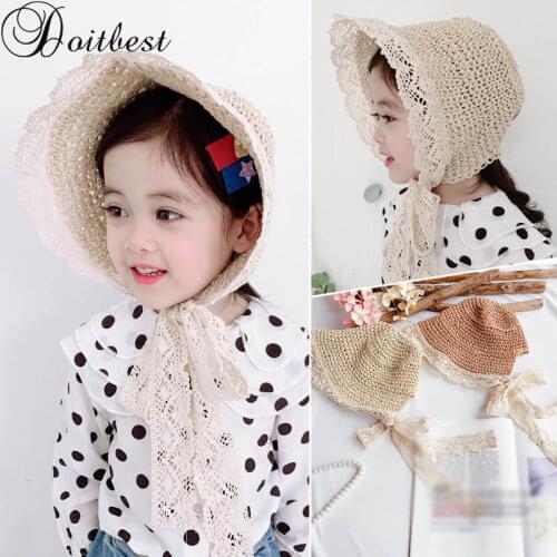 Doitbest flowers lace boys girls Straw Hats Summer Sun Hats for child children Beach Hats Long ribbon kids sunscreen cap