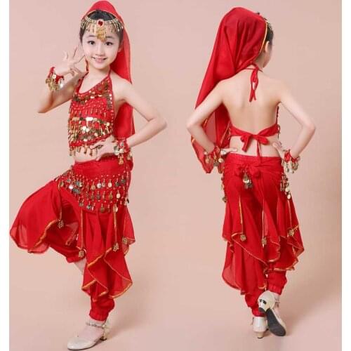 Children Belly Dancing Costume Kids Indian Dance Dress 5 Pcs Bollywood Dance Costumes for Girls Performance Dancing Sets