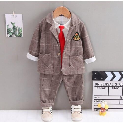 Baby Boys Gentleman Clothing Sets Spring Autumn Kids Fashion Plaid Coat+Tie Shirt+Pants Children Birthday Wedding Party Outfits
