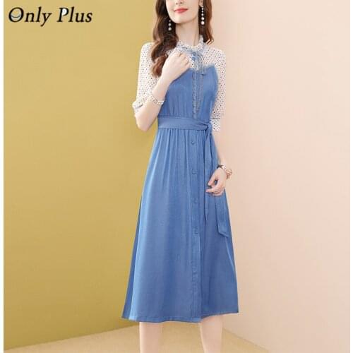 Only Plus Denim Patchwork Dress For Women Office Lady Sashe Lace Up Bow Work Dresses Split Autumn Elegant Party Vestidos 2021