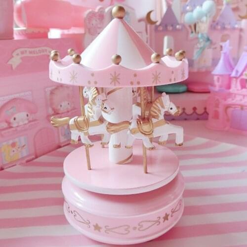 Hot Sale Pink Musical Carousel Horse Wooden Carousel Music Box Toy Child Birthdays Gift Home Decor