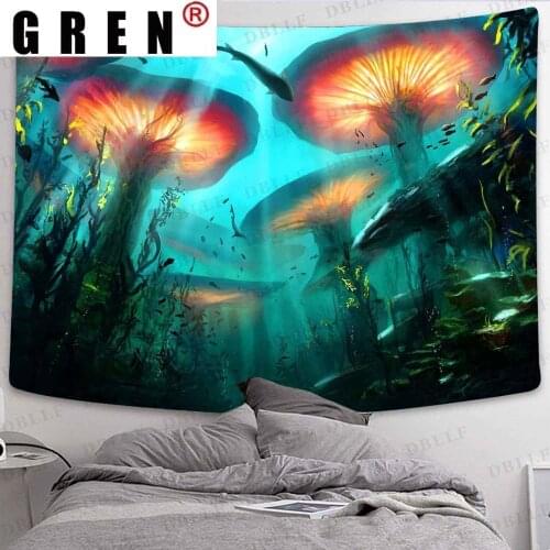 GREN Psychedelic Fantasy Cartoon Mushroom Forest Tapestry Trippy Fairy Tale Art Wall Hanging for Living Room Home Dorm Decor