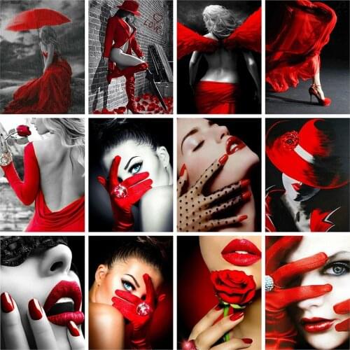 HUACAN DIY 5d Diamond Painting Black And Red Women Full Square Diamond Embroidery Sale Portrait Mosaic Craft Kit Wall Art Decor