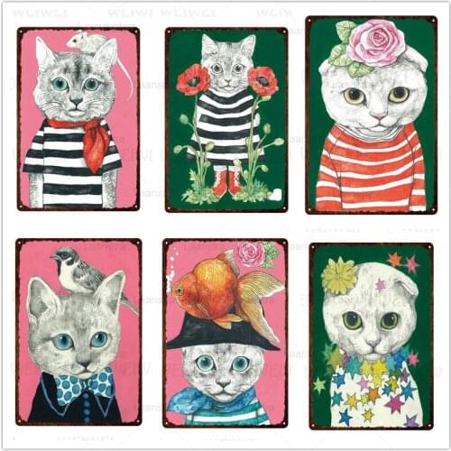 Cute Cat Tin Sign Flower Room Decor Iron Brand Vintage Decor Mental Plate Home Decoration Retro Kitty Sweater Mental Sheet