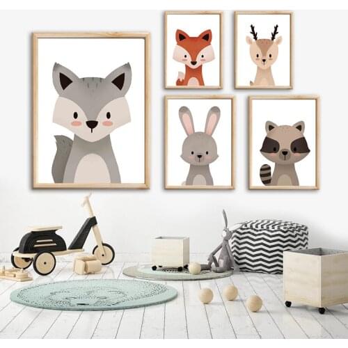 Cute Bear Fox Deer Rabbit Raccoon Wolf Wall Art Canvas Painting Nordic Posters And Prints Wall Pictures Kids Room Nursery Decor