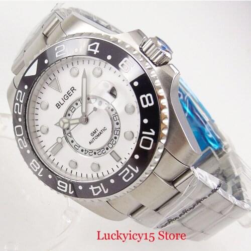 BLIGER 43mm GMT Function Date Magnifier Sapphire Glass Rotating Bezel Automatic Movement Mechanical Men Wristwatch