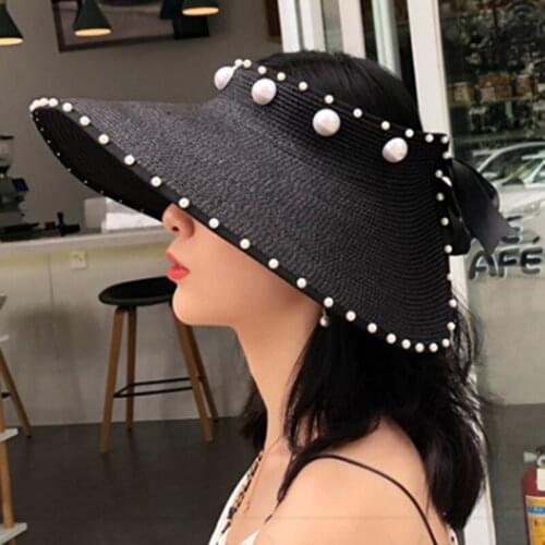 New Summer Visor Caps For Girls Beach Hats Braided Fashion Cap Lady Summer Straw Sun Hat Women Pearl Headband Hat