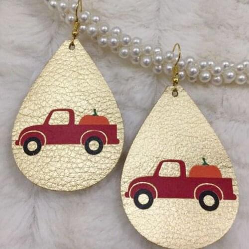 New！Stock Farm Truck Fashion Double Layered Faux Leather Glitter Teardrop Earrings Pinch Style Christmas Tree Earrings Gifts