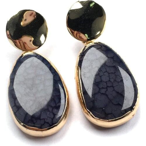 New Natural Black Agates Earrings a Pair Egg Shape Golden Plated Earrings for Making DIY Jewelry Earrings Accessories