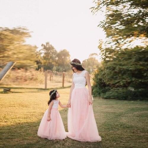 Pink Lace Chiffon Mother Daughter Dresses Princess Gowns Mom Kid Matching Dresses Birthday Celebration Dresses Custom