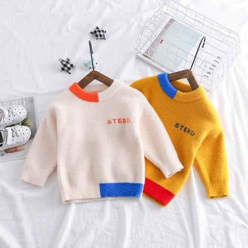 Long Sleeve O-neck Baby Kids Sweater Spring Autumn Velvet Boys Girls Pullover Color Splicing Sweet Infant Kids Sweater 12M-5T
