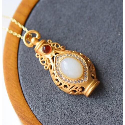 S925 Sterling Silver Fashion Aquarius Pendant Natural Hetian Jade Hollow Vase White Jade Pendant Classical Palace Ornament