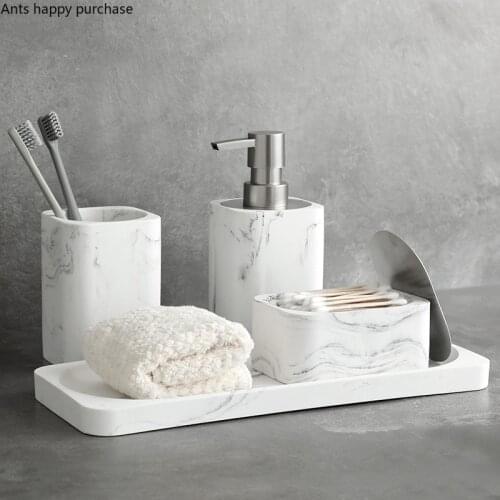 Resin Bathroom 4-piece Suit Marbling White Wash Set Toiletries Lotion Bottle Mouth Cup Cotton Swab Box Storage Box Storage Tray