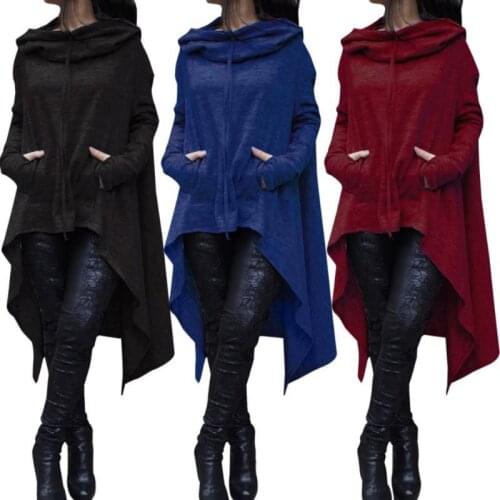 Women Hoodies Autumn Solid Color Asymmetric Hem Long Hooded Sweatshirt Casual Pockets Baggy Poncho Coat Women Pullovers Outwear