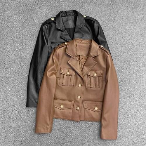 Spring Autumn 2021 Fashion Womens Genuine leather pockets jackets coat C109