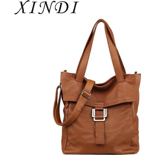 XINDI 100% Genuine Leather Large Brown Women Shoulder Bag Lady Big Tote Bag Classic Coffee Female Shoulder Bags Shopping Purse
