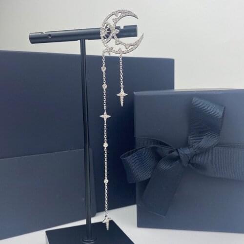 SLJELY Fashion Solid 925 Sterling Silver Mono Long Moon Star Dropping Earring Micro Zirconia 1pc for Women EDEN Series Jewelry