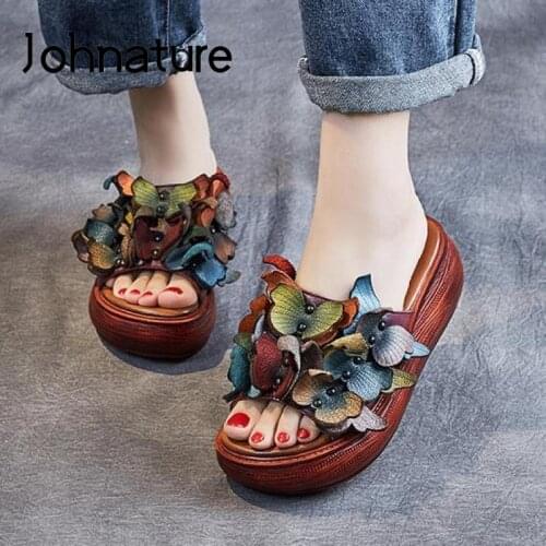 Johnature Summer Women Slippers 2021 New Genuine Leather Women Shoes Slides Floral Wedges Outside Wear Platform Ladies Slippers