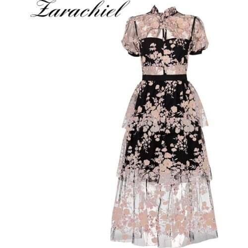 Runway Designer Flower Embroidery Sequined Mesh Lace Dress 2021 Summer Women Short Sleeve Layer Cake Long Party Wedding Dress