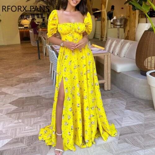 Women Floral Print Ruched High Slit Maxi Dress Sexy Party Dress for Women Dress 2021