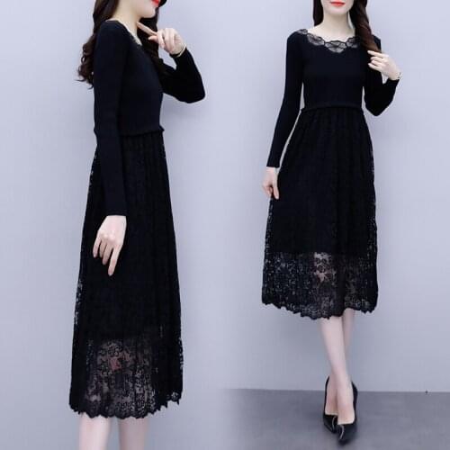 Womens Knitted Lace Long Sleeve Dress 2021 Autumn Slim Casual Fashion Elegant Loose Blouses Blusas Party A-Line Dresses Clothes